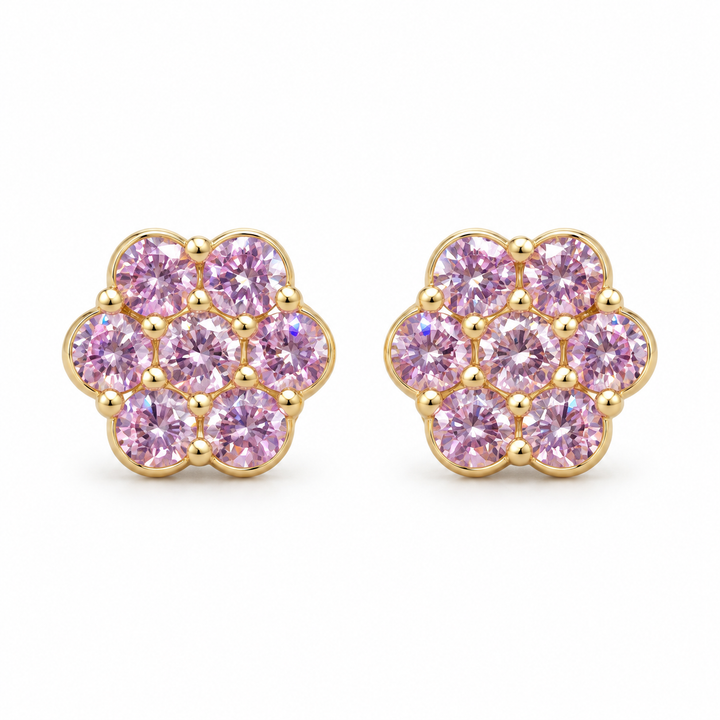 10K Yellow Gold Pink CZ Flower Earrings