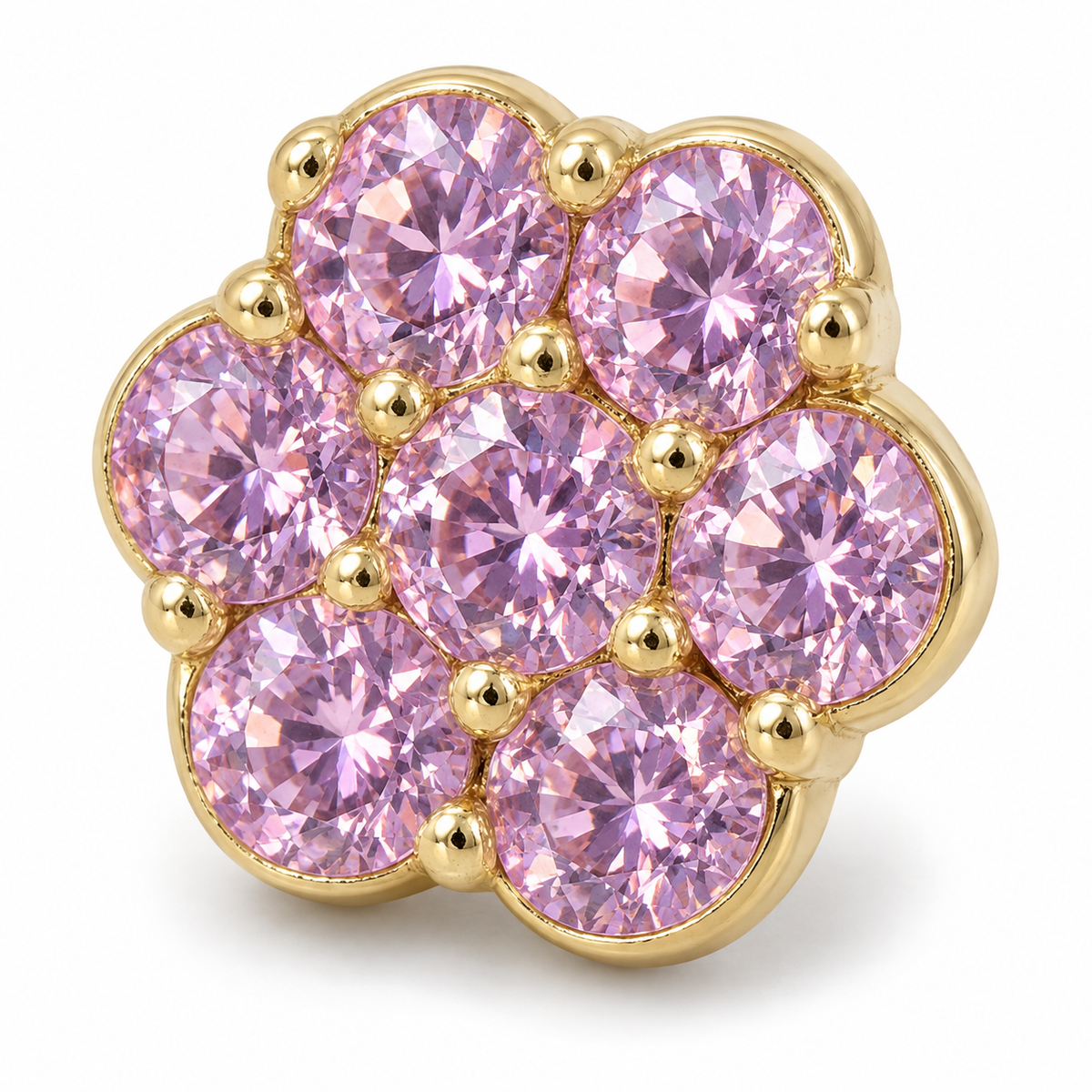 10K Yellow Gold Pink CZ Flower Earrings - macro detail