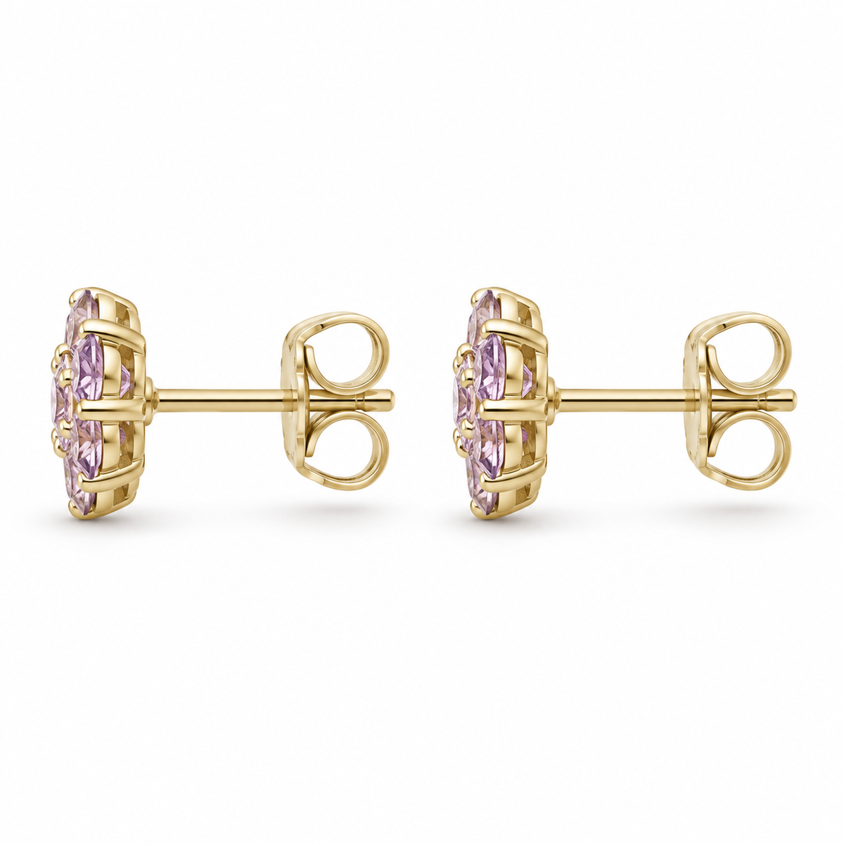 10K Yellow Gold Pink CZ Flower Earrings - side view