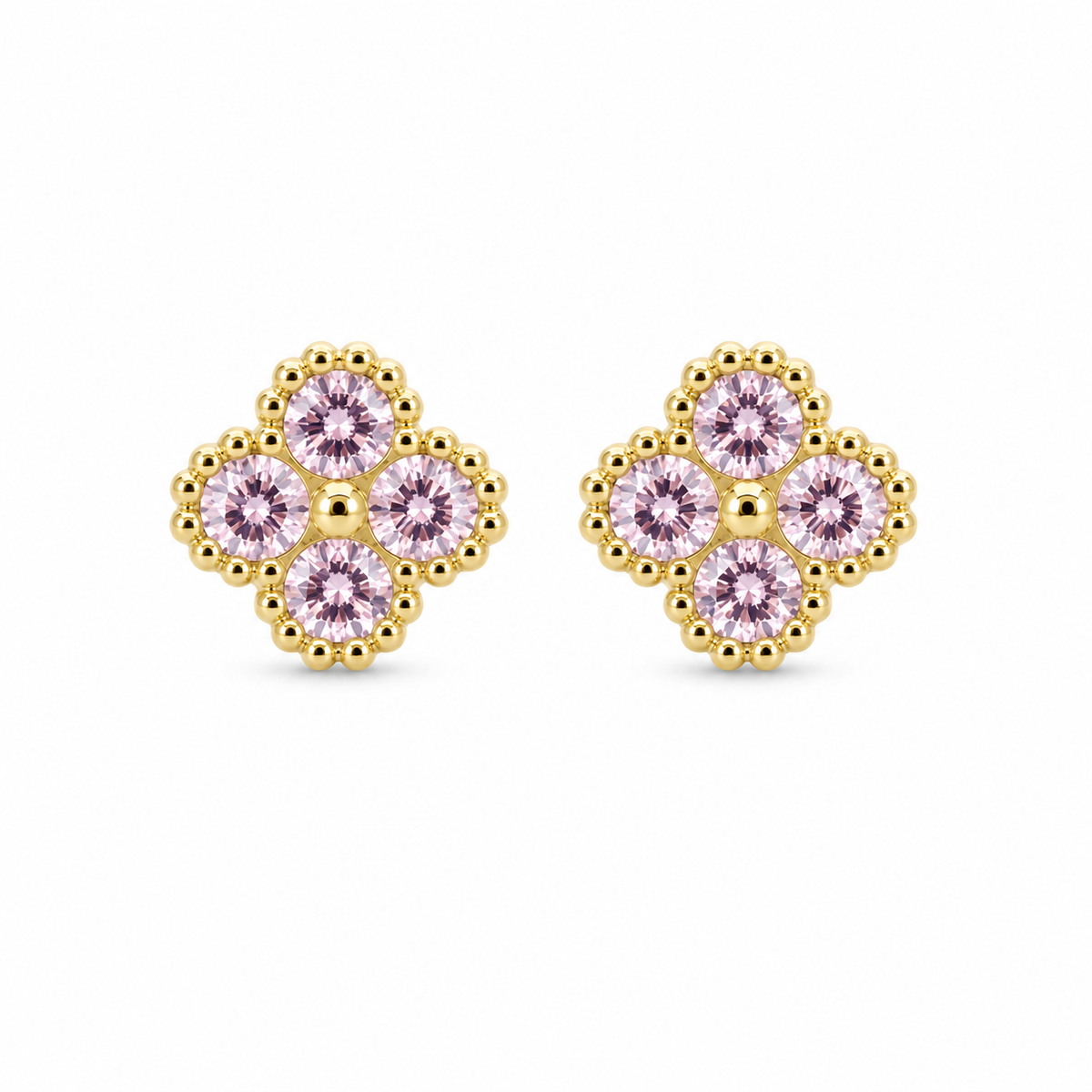 10K Yellow Gold Pink Clover CZ Earrings (6mm) - front view