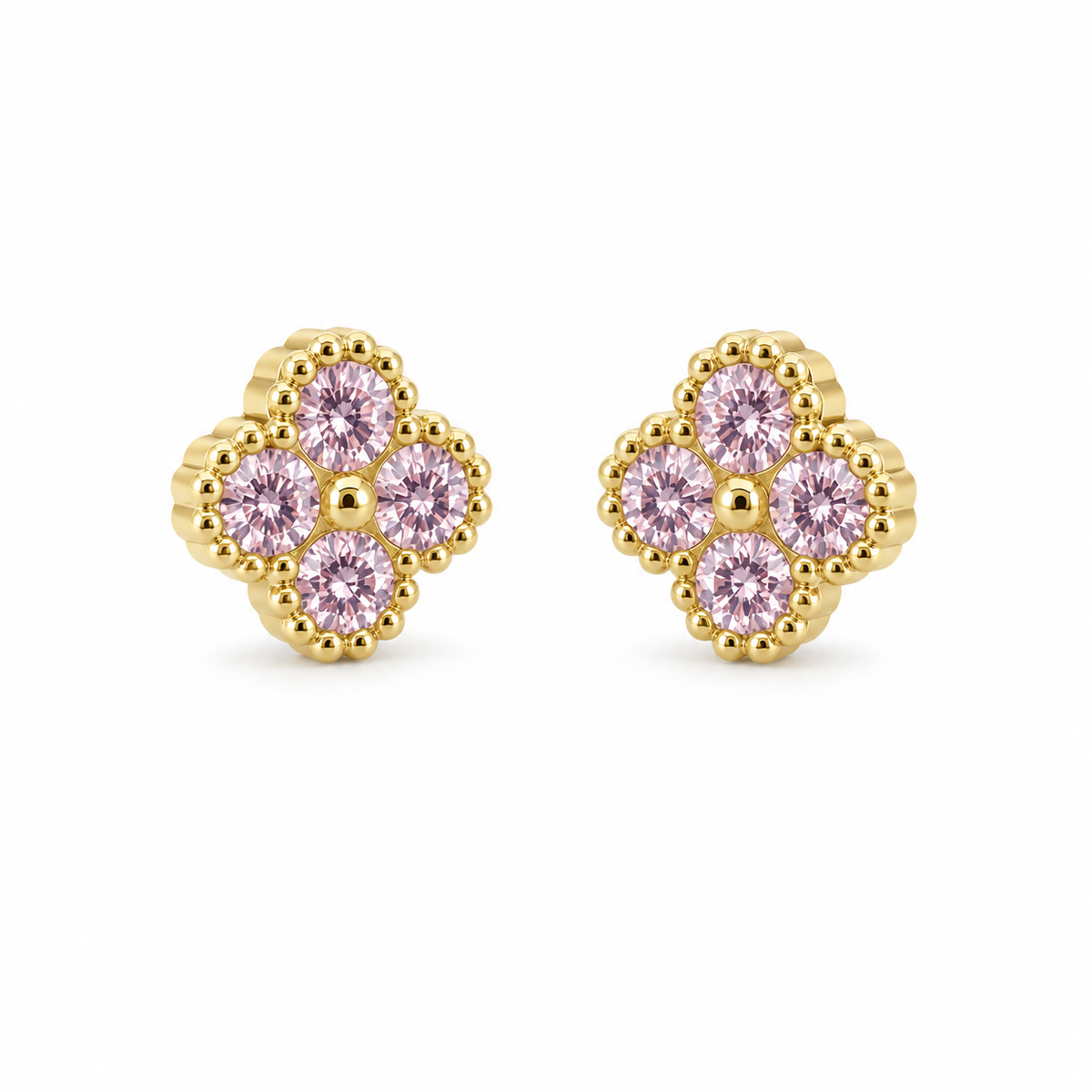 10K Yellow Gold Pink Clover CZ Earrings (6mm) - 45 degree view