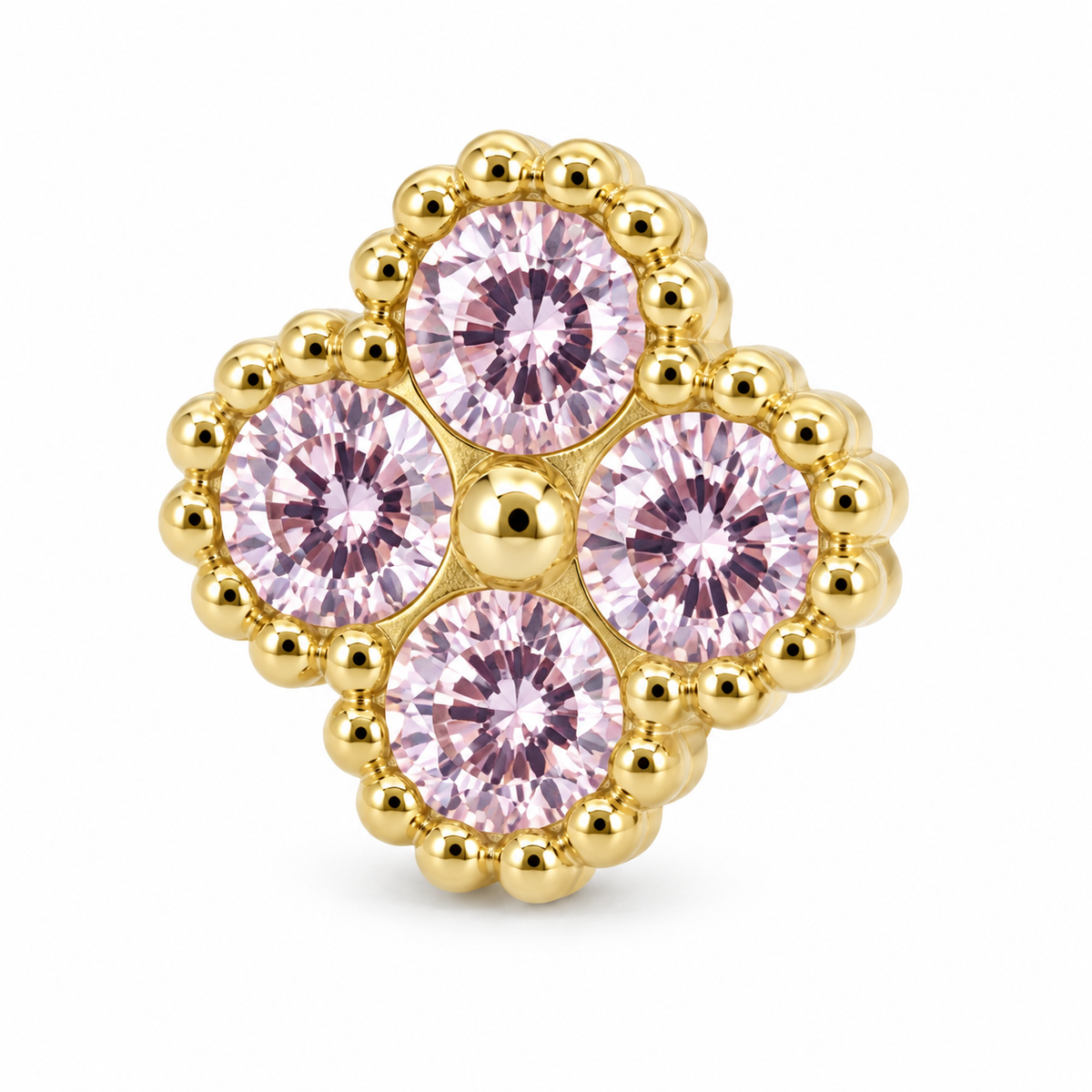 10K Yellow Gold Pink Clover CZ Earrings (6mm) - macro detail