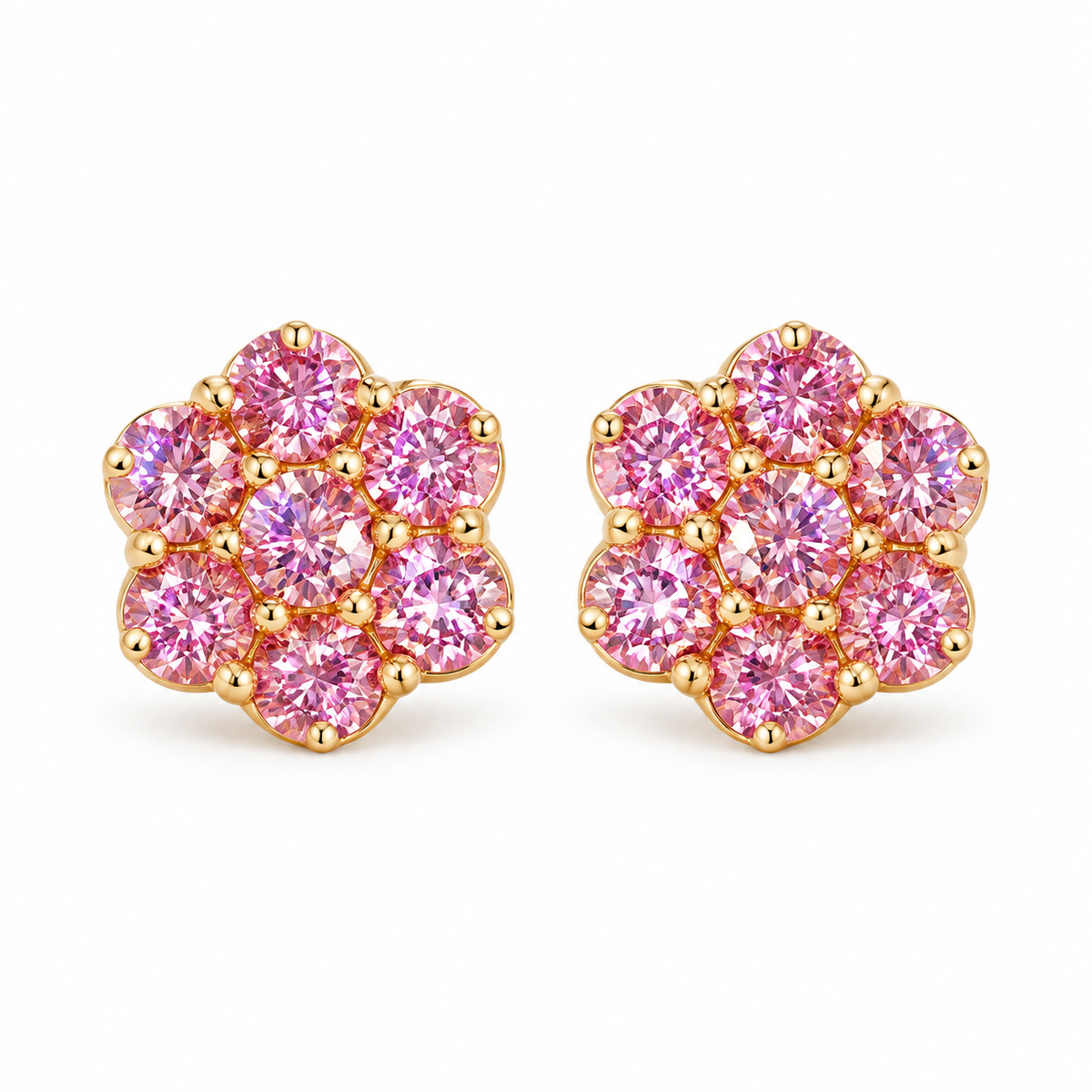 10K Yellow Gold Pink Flower CZ studs 10mm - front view