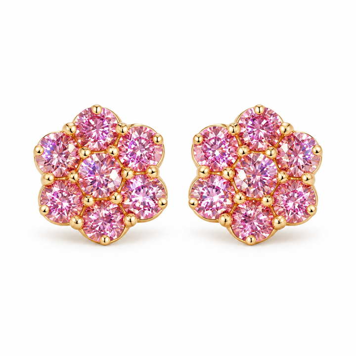 10K Yellow Gold Pink Flower CZ studs 10mm - front view