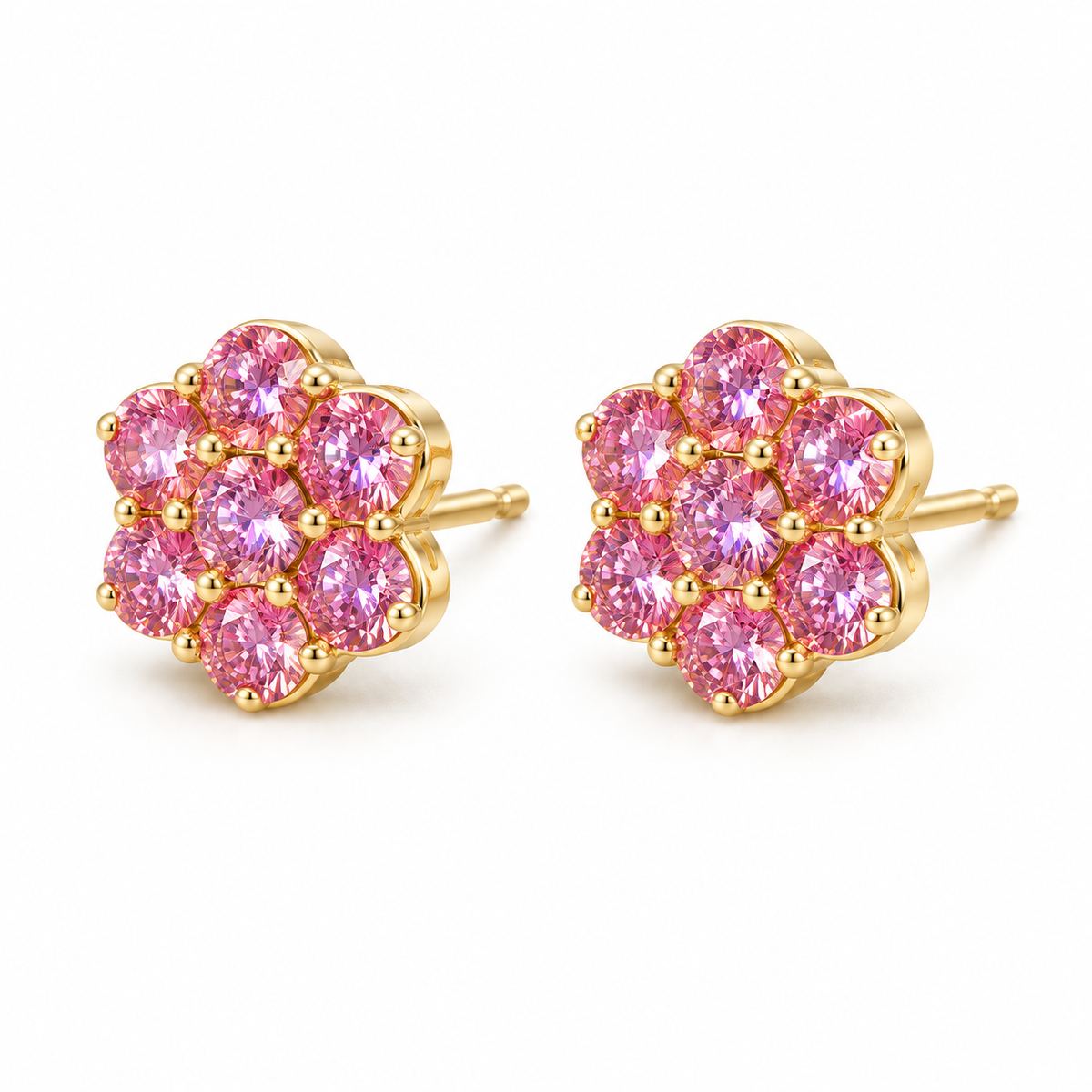 10K Yellow Gold Pink Flower CZ studs 10mm - 45 degree view