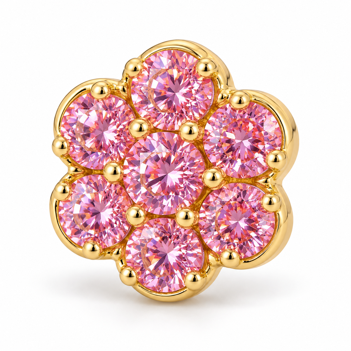 10K Yellow Gold Pink Flower CZ studs 10mm - macro detail