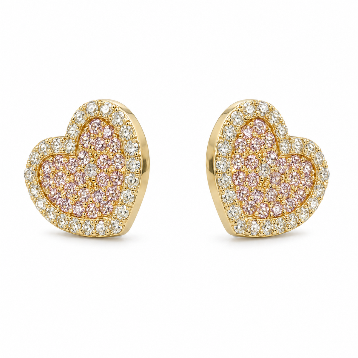 10K Yellow Gold Pink Heart Earrings (13mm) - 45 degree view