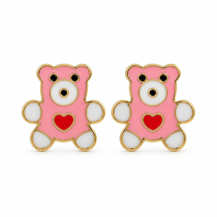 10K Gold Pink Teddy Bear Earrings (Screwback) — 10K real gold jewelry from STF Diamonds, Los Angeles