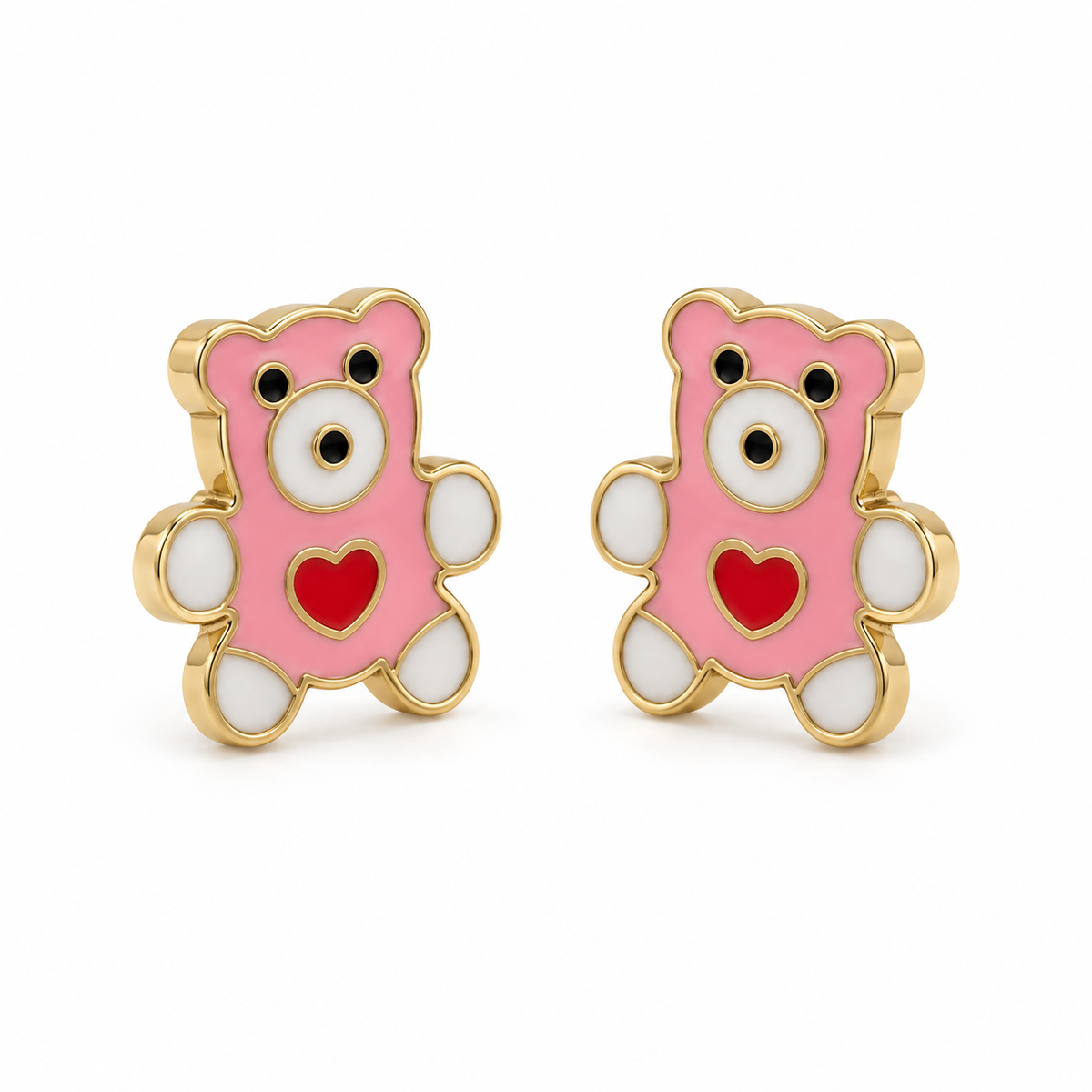 10K Yellow Gold Pink Teddy Bear Earrings (Screwback) - 45 degree view