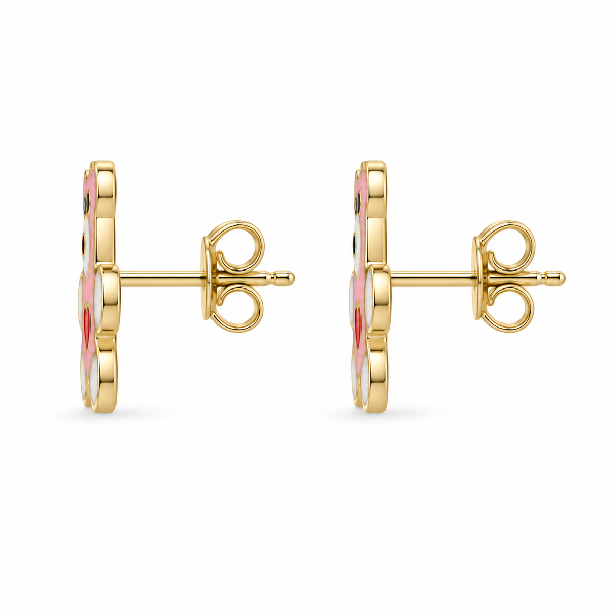 10K Yellow Gold Pink Teddy Bear Earrings (Screwback) - side view