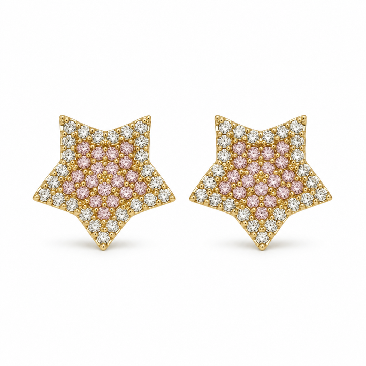 10K Yellow Gold Pink & White CZ Star Earrings