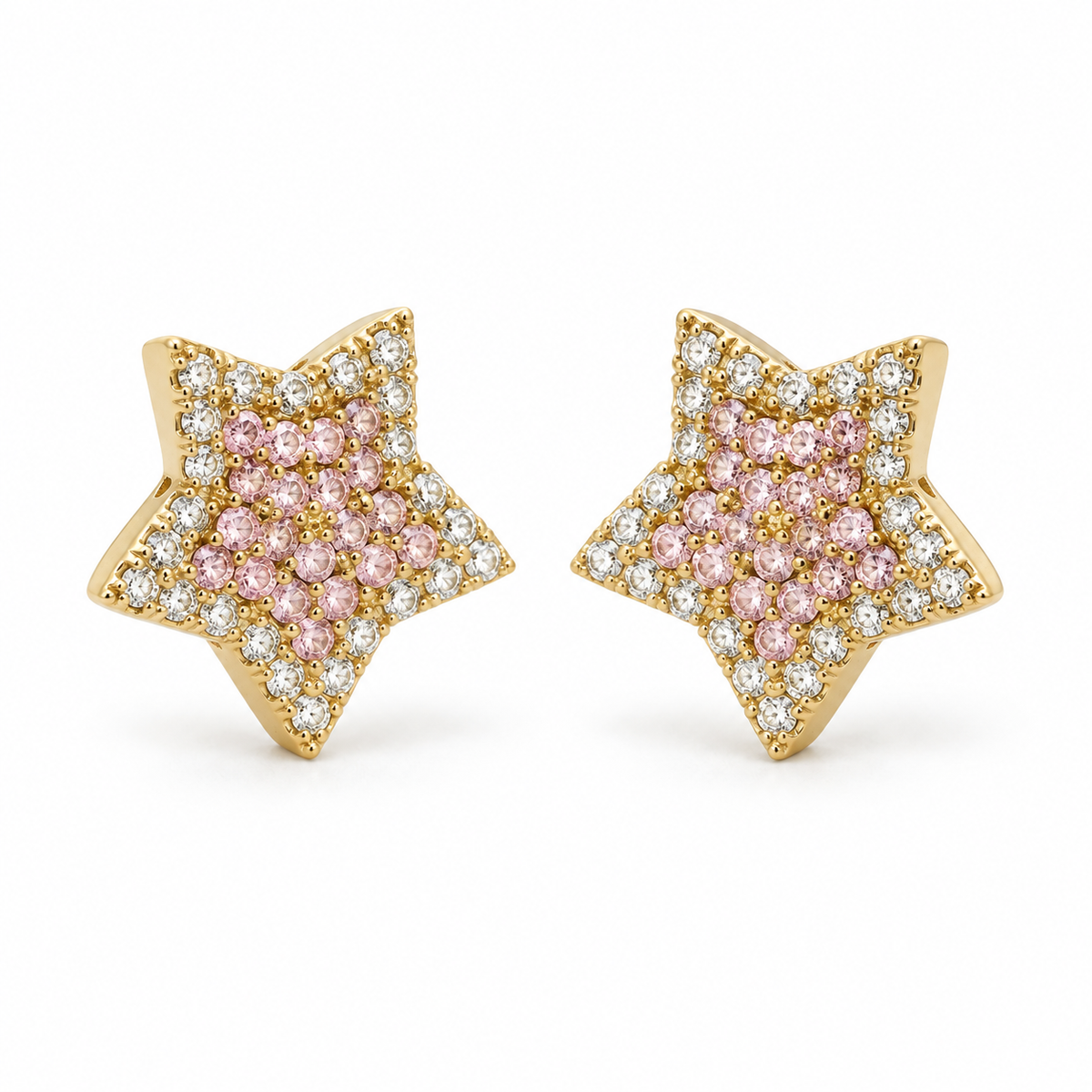 10K Yellow Gold Pink & White CZ Star Earrings - 45 degree view