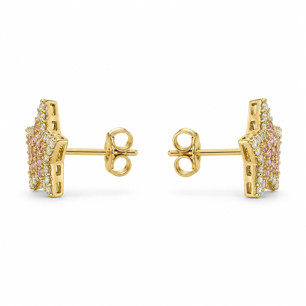 10K Yellow Gold Pink & White CZ Star Earrings - side view
