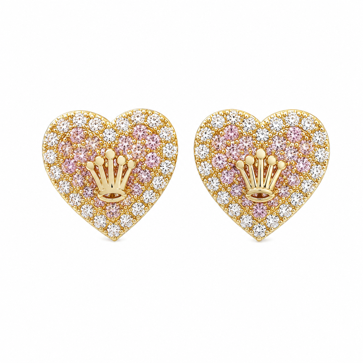 10K Solid Yellow Gold Presidential Crown Earrings, Pink CZ - front view