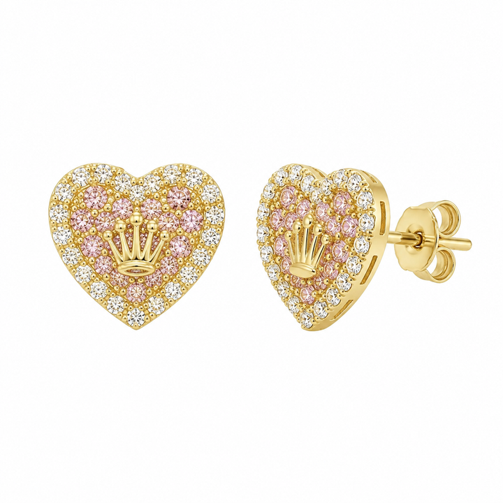 10K Solid Yellow Gold Presidential Crown Earrings, Pink CZ - front view