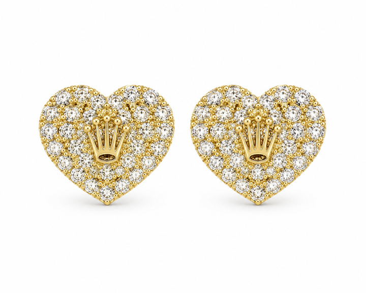 10K Solid Yellow Gold Presidential Crown Earrings, White CZ medium - front view