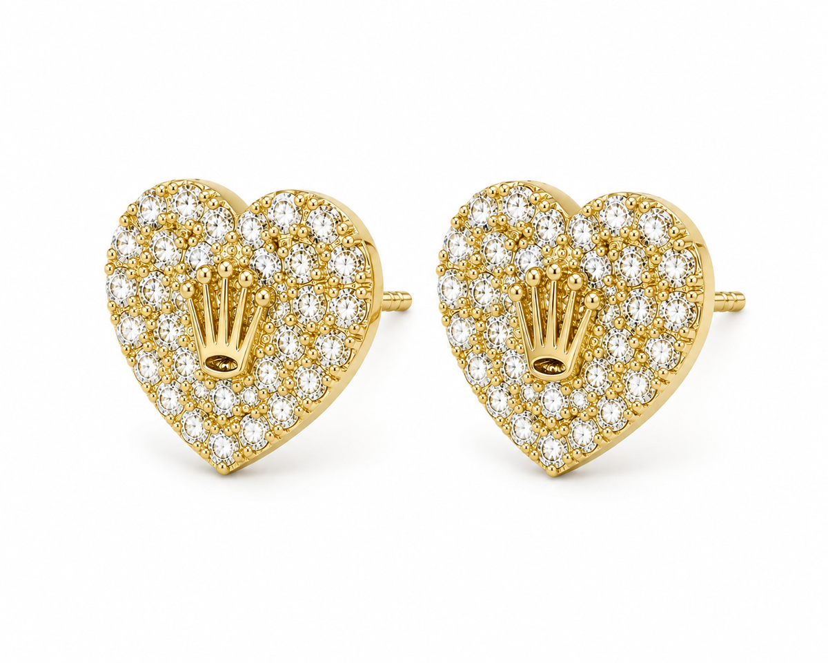 10K Solid Yellow Gold Presidential Crown Earrings, White CZ medium - side view