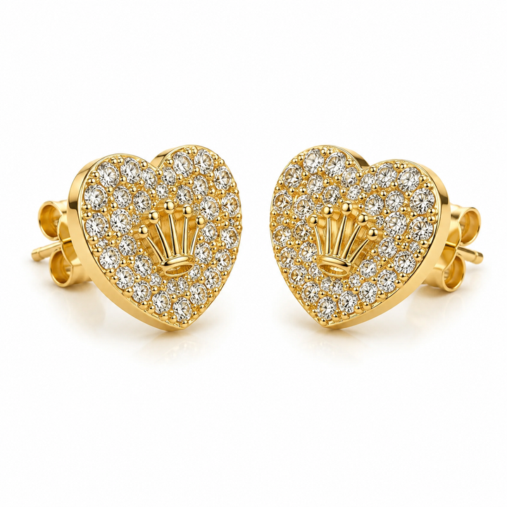 10K Solid Yellow Gold Presidential Crown Earrings, White CZ small - front view