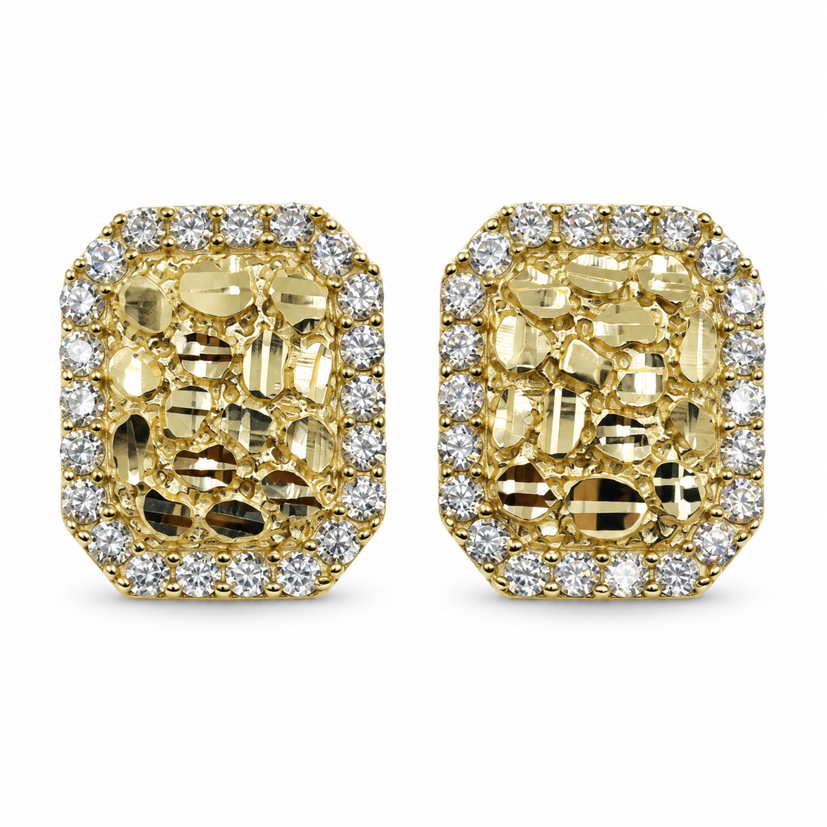 10K Yellow Gold Rectangle Nugget CZ Border Earrings (M) - front view