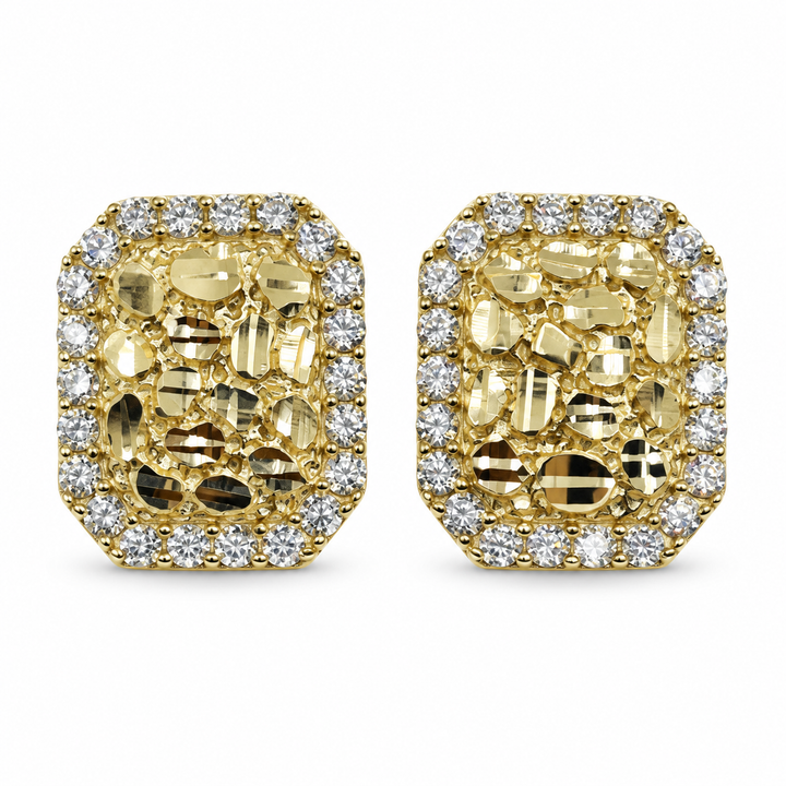 10K Yellow Gold Rectangle Nugget CZ Border Earrings (M)