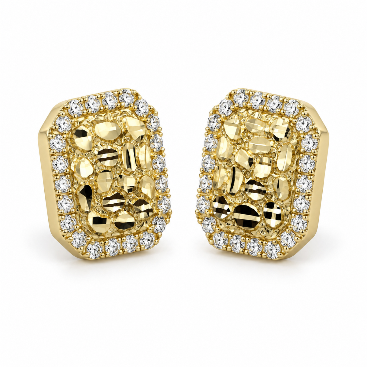10K Yellow Gold Rectangle Nugget CZ Border Earrings (M) - 45 degree view