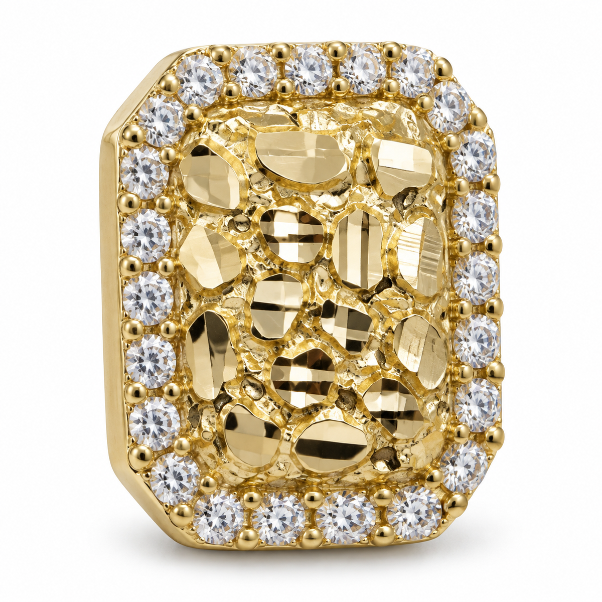10K Yellow Gold Rectangle Nugget CZ Border Earrings (M) - macro detail