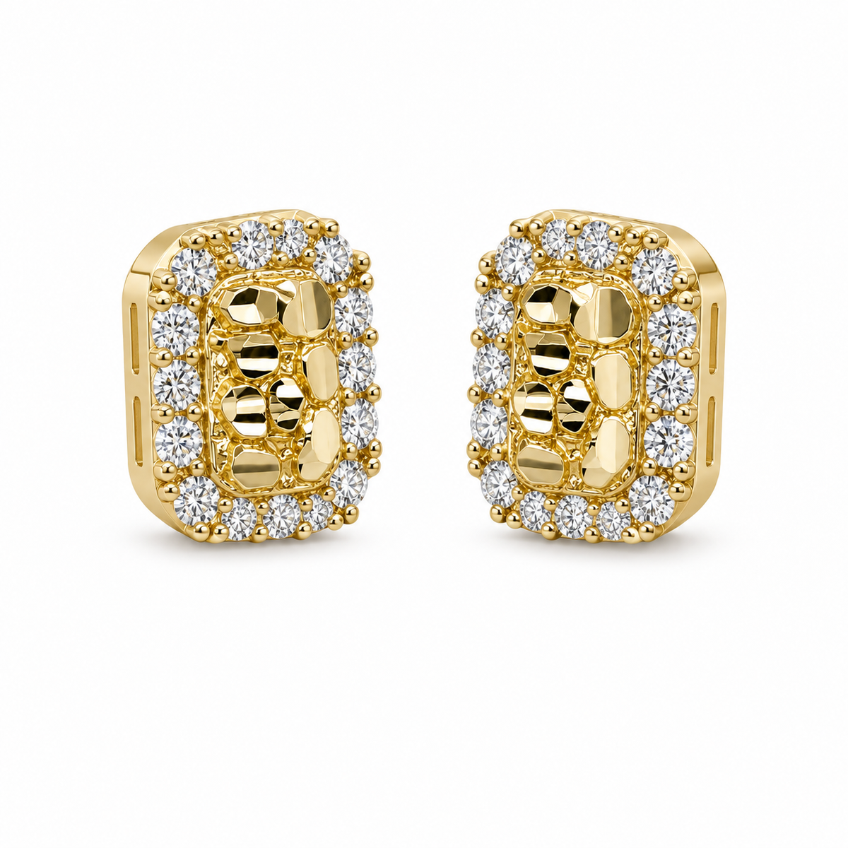 10K Yellow Gold Rectangle Nugget CZ Border Earrings (Xs) - 45 degree view