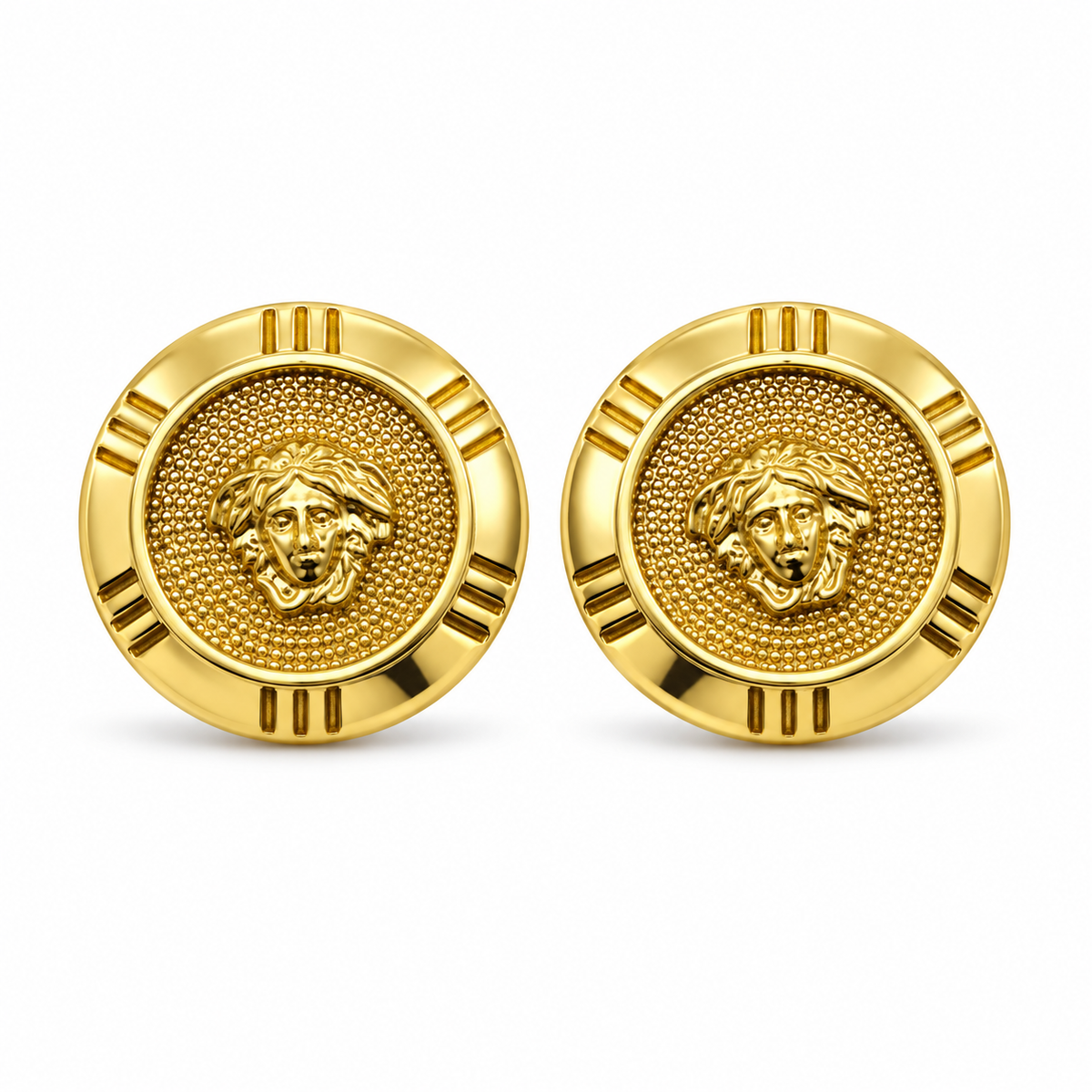 10K Yellow Gold Round Medusa Earrings - front view