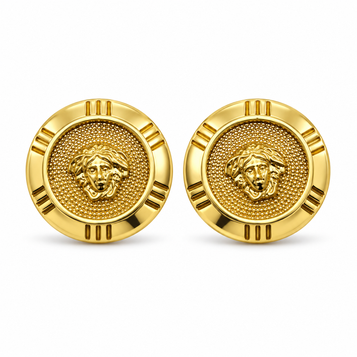 10K Yellow Gold Round Medusa Earrings - front view