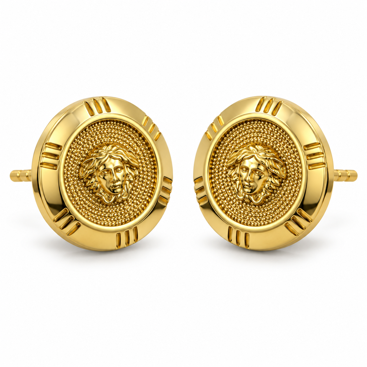 10K Yellow Gold Round Medusa Earrings - 45 degree view