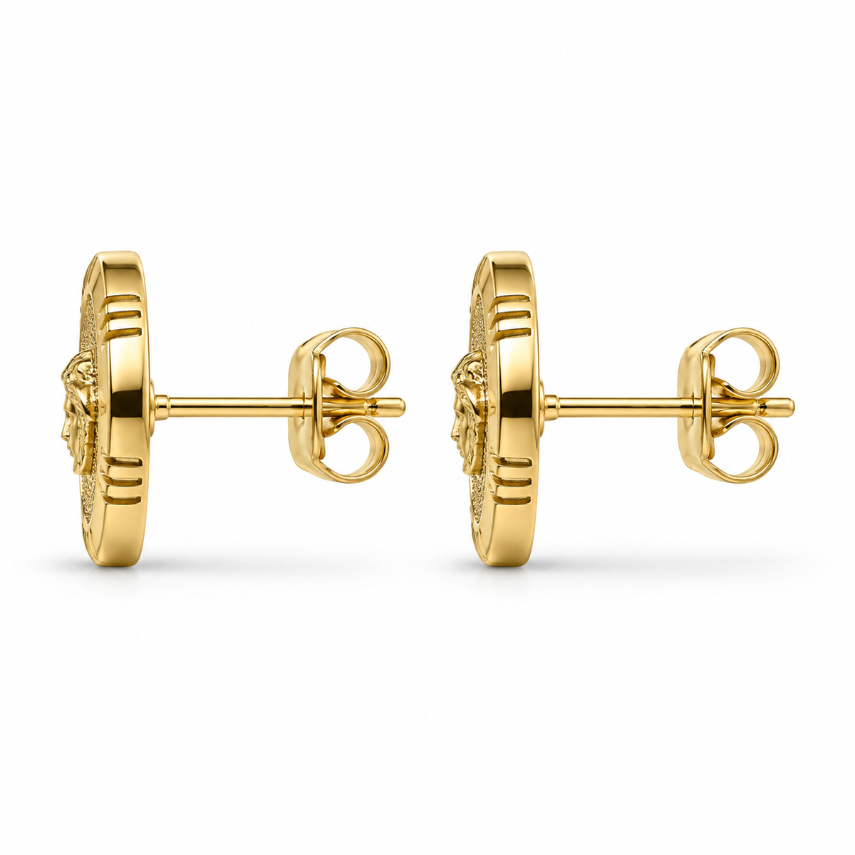 10K Yellow Gold Round Medusa Earrings - side view