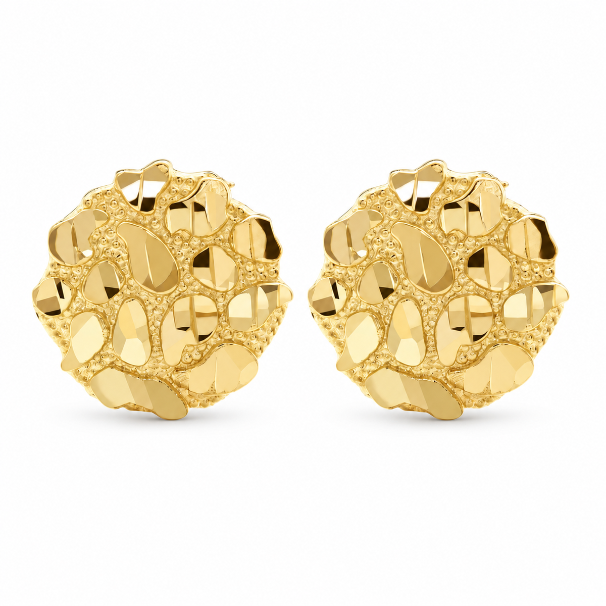 10K Yellow Gold Round Nugget Earrings - Large (~18mm) - front view