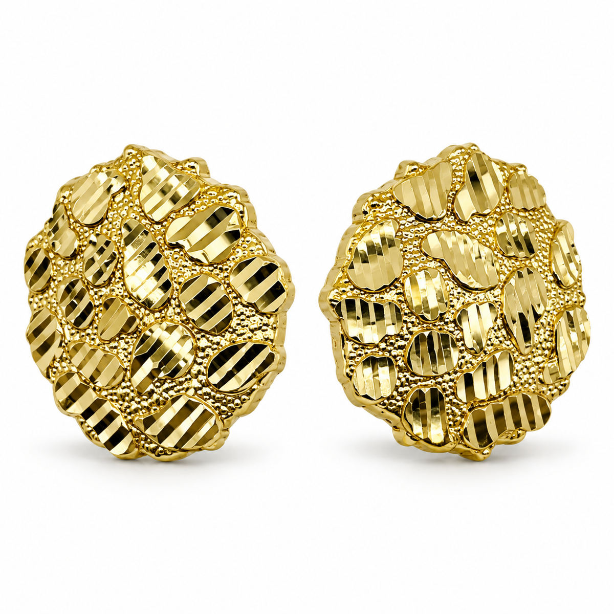 10K Yellow Gold Round Nugget Earrings Xxl (22mm) - 45 degree view