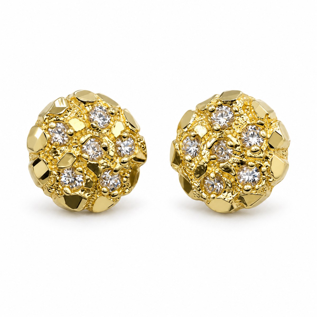 10K Yellow Gold Round Nugget Earrings with CZ (small) - 45 degree view