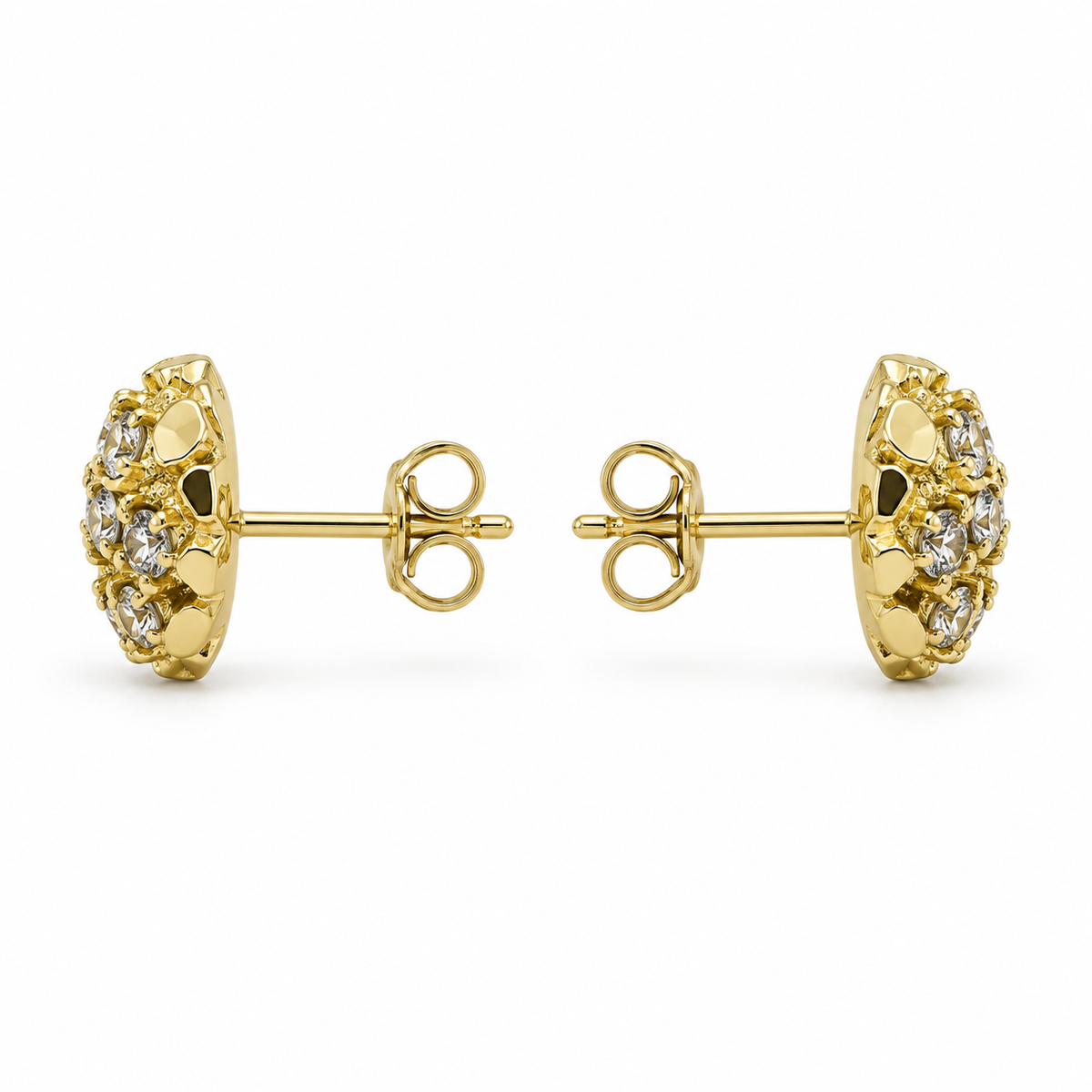 10K Yellow Gold Round Nugget Earrings with CZ (small) - side view