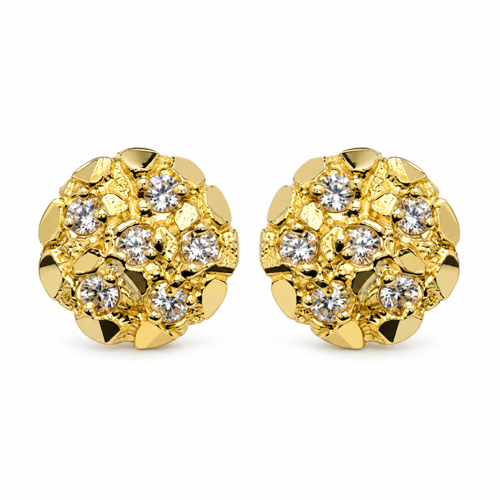 10K Yellow Gold Round Nugget Earrings with CZ (small)