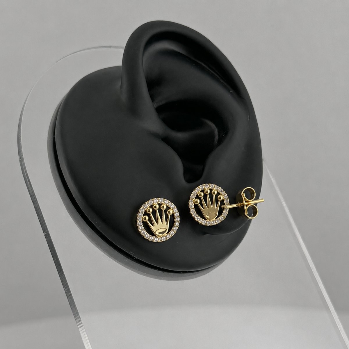 10K Solid Yellow Gold Presidential Crown Halo CZ Earrings - front view