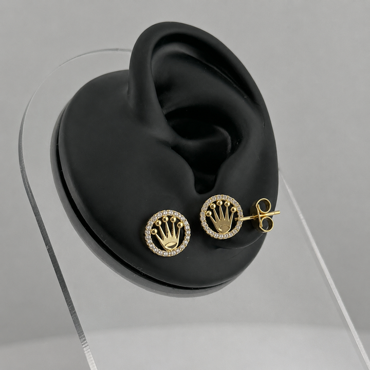 10K Solid Yellow Gold Presidential Crown Halo CZ Earrings - front view
