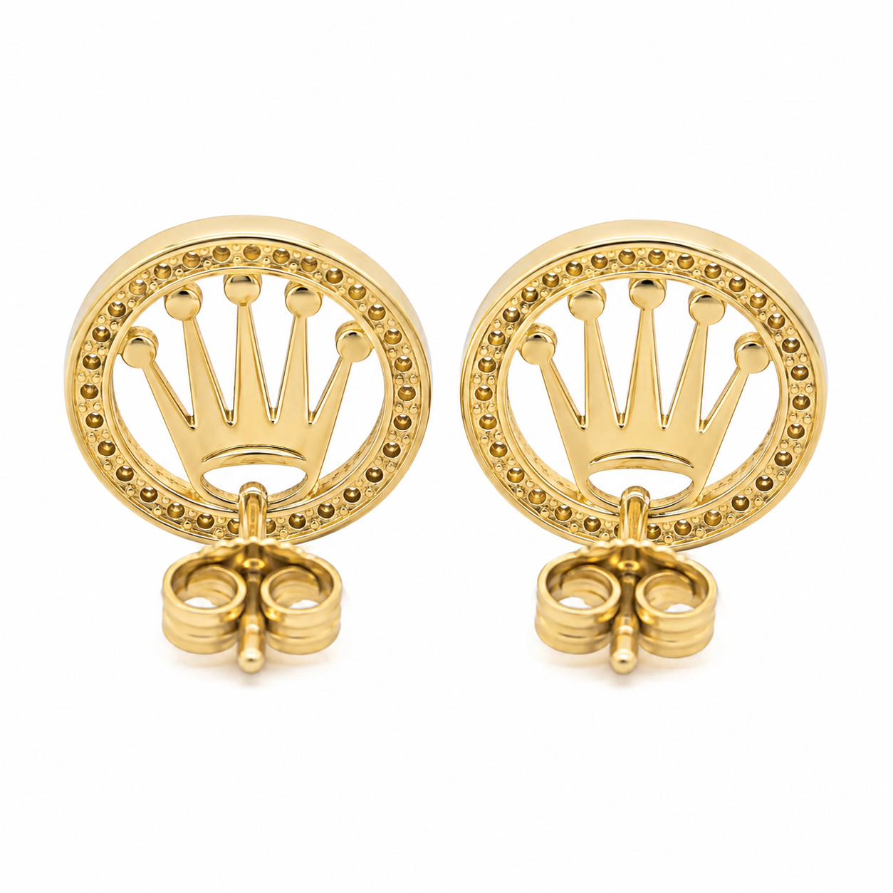 10K Solid Yellow Gold Presidential Crown Halo CZ Earrings - back view