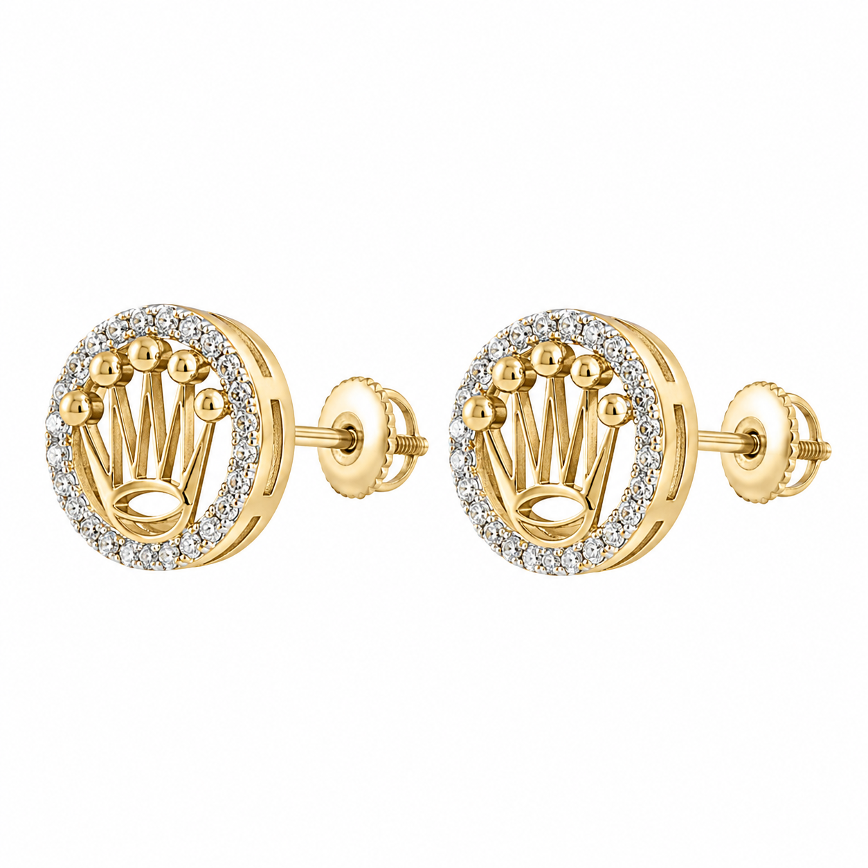 10K Solid Yellow Gold Presidential Crown Halo CZ Earrings - side view