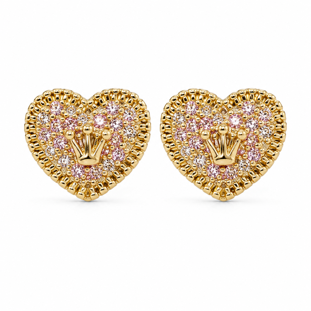 10K Solid Yellow Gold Presidential Crown Earrings, CZ Border - front view
