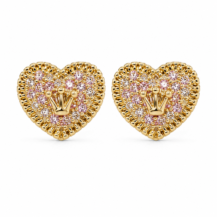 10K Solid Yellow Gold Presidential Crown Earrings, CZ Border - front view