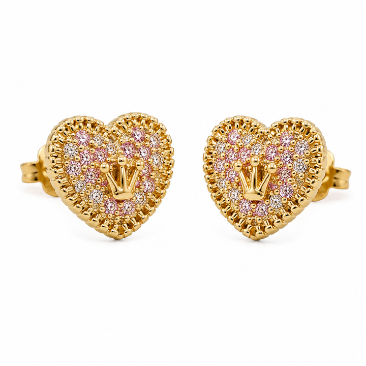 10K Solid Yellow Gold Presidential Crown Earrings, CZ Border - front view