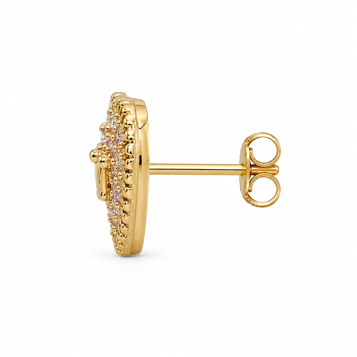 10K Solid Yellow Gold Presidential Crown Earrings, CZ Border - side view
