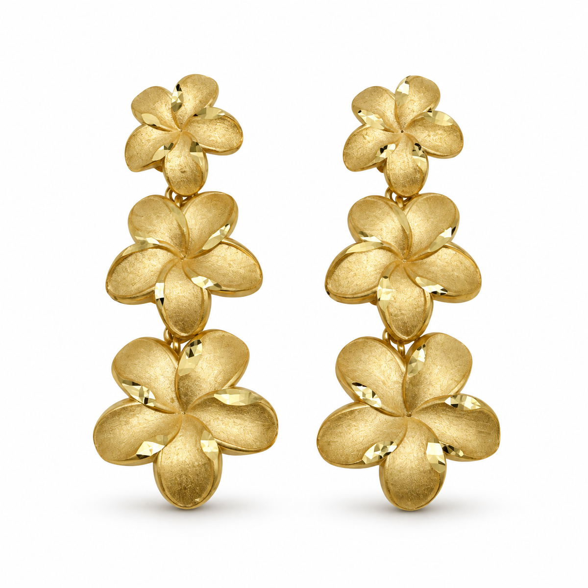 10K Yellow Gold Satin Hibiscus Drop Earrings - front view