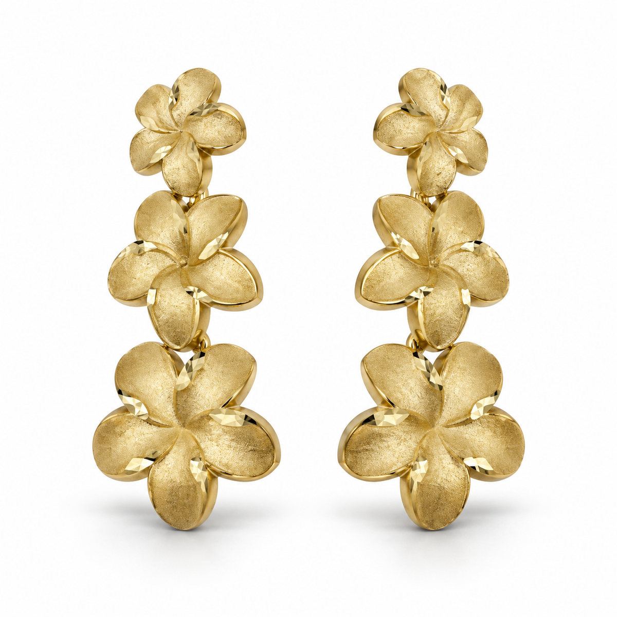 10K Yellow Gold Satin Hibiscus Drop Earrings - 45 degree view