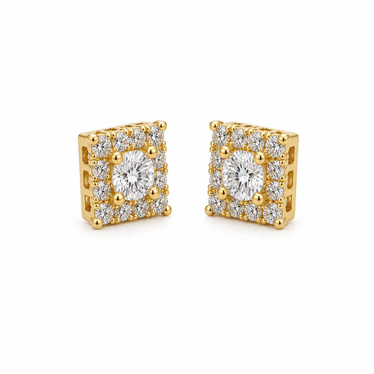 10K Yellow Gold Square CZ Earrings (Micro) - 45 degree view
