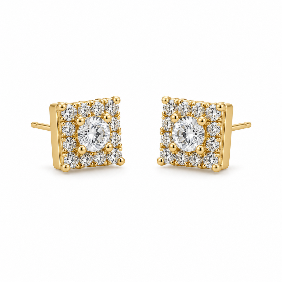 10K Yellow Gold Square CZ Earrings (Micro) - 45 degree view