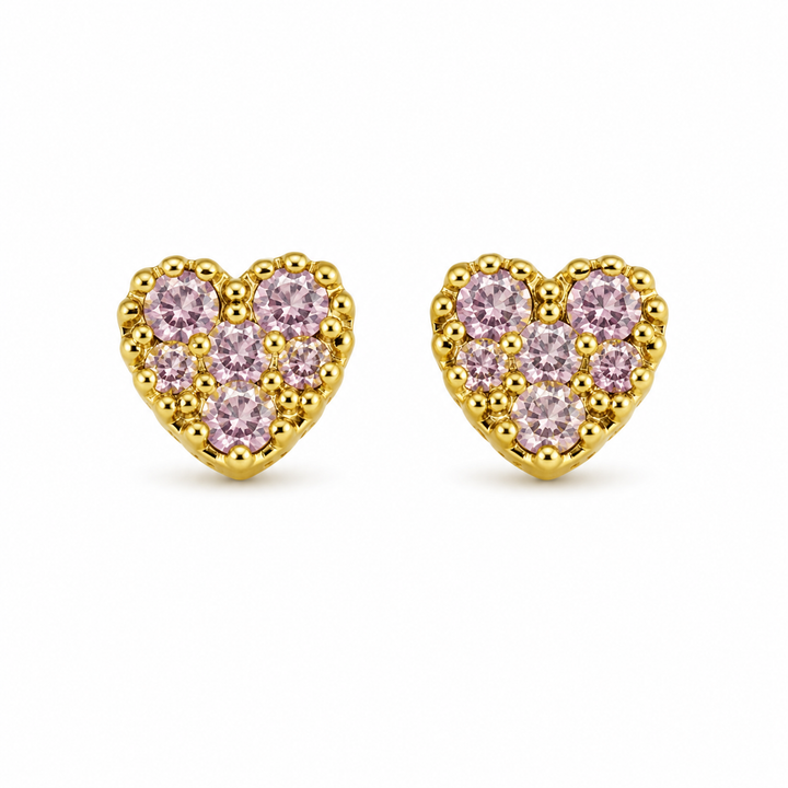 10K Yellow Gold Tiny CZ Blush Heart Earrings - front view
