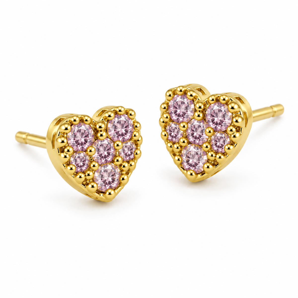 10K Yellow Gold Tiny CZ Blush Heart Earrings - 45 degree view